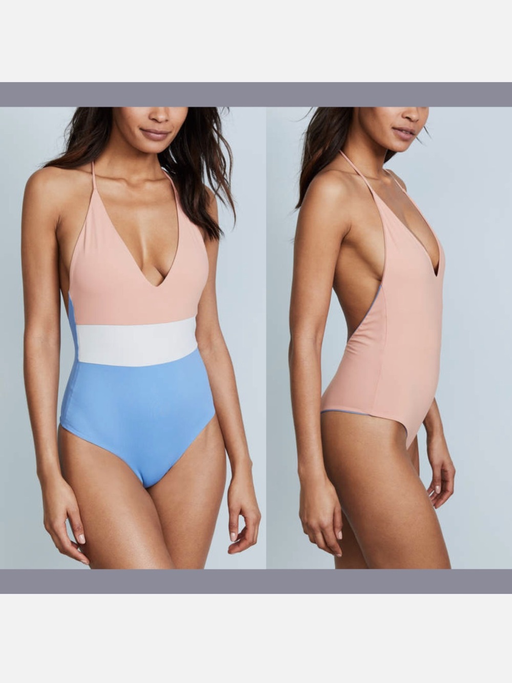 Tavik Three-Tone V-Neck One-Piece in Peach, White & Sky Blue